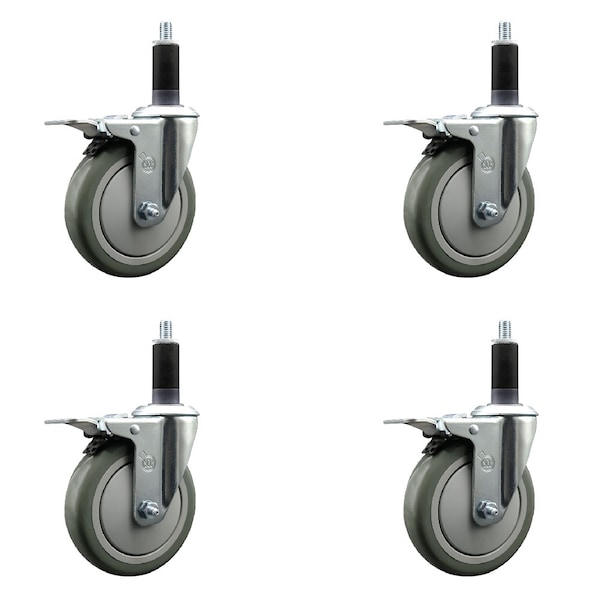 5'' SS Gray Poly Swivel 1-1/8'' Expanding Stem Caster Set Total Lock Brake, 4PK